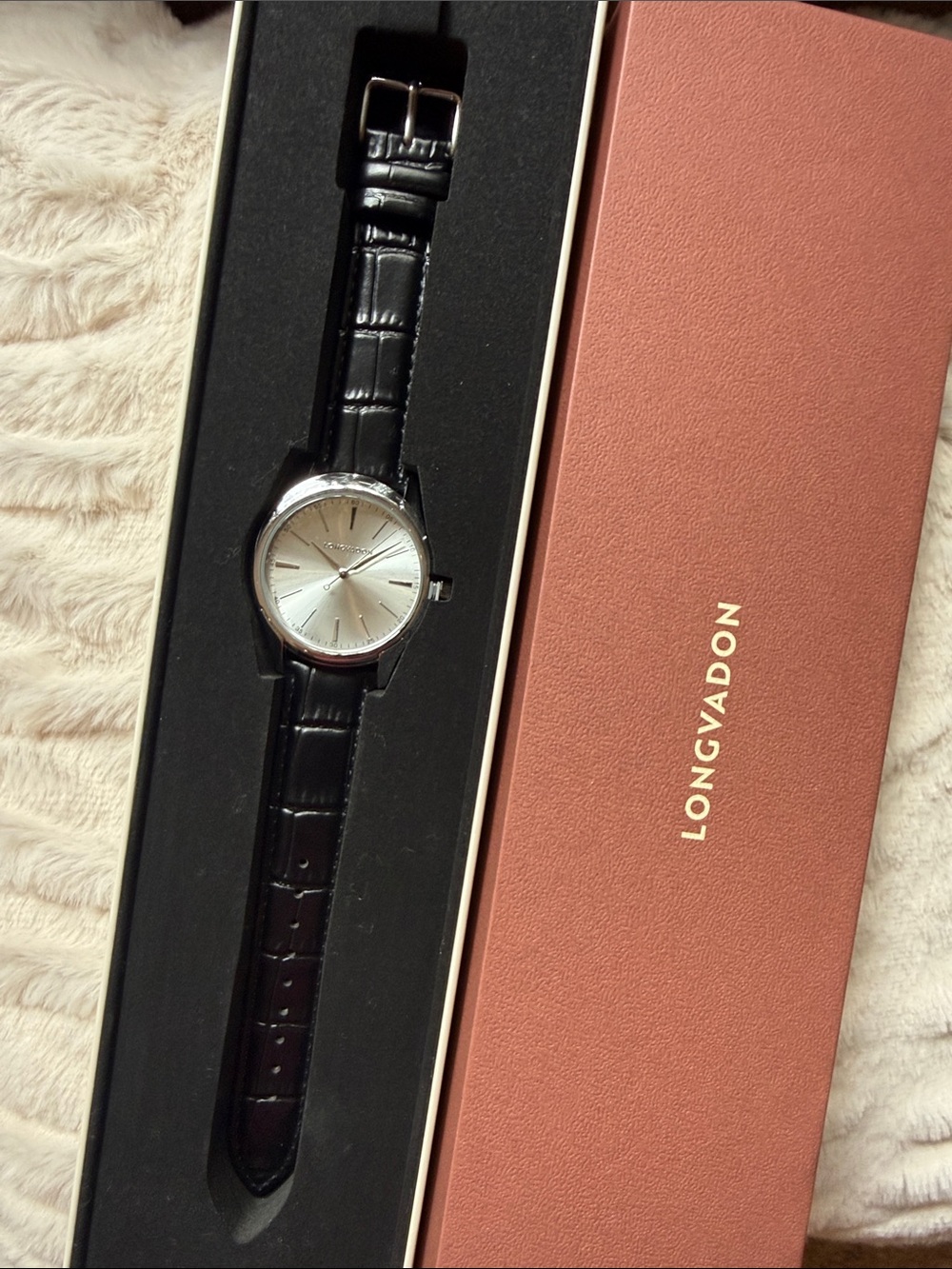 LONGVADON Classic Men’s Silver Dial Watch with Black Leather Strap